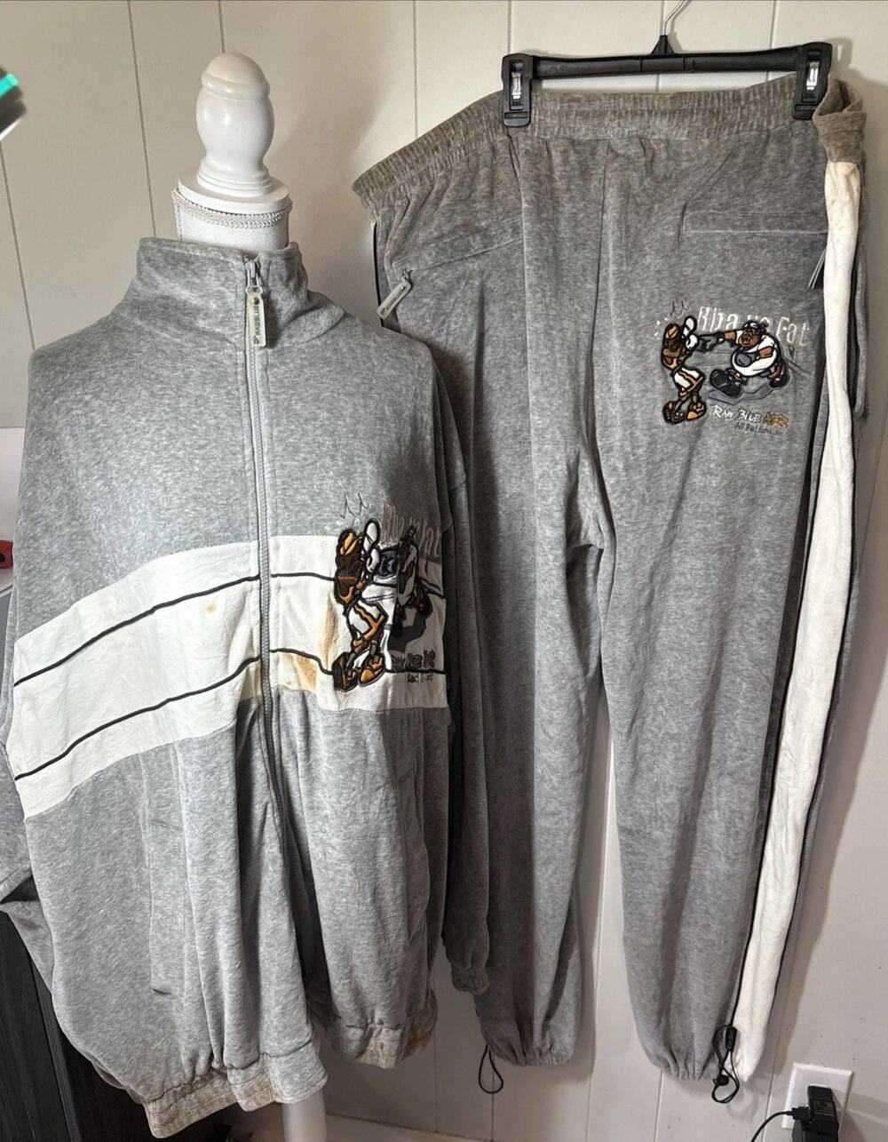 Vintage Raw Blue ABR Gray Velour Tracksuit 3XL Pants And Zip Up Jacket